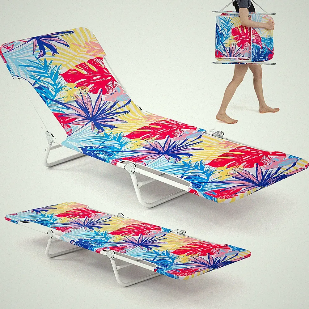 2 Pieces Outdoor Folding Chaise Lounge 5-position Lay Flat Beach Recliner