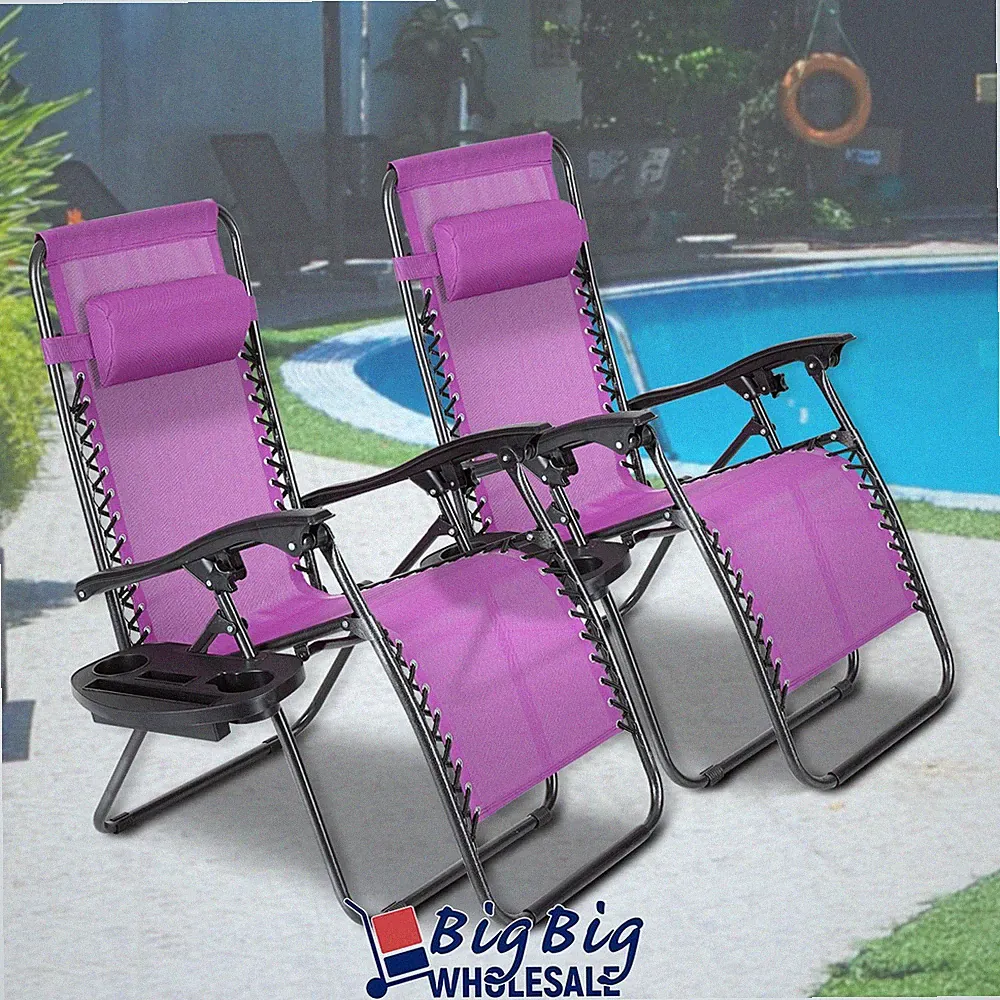 2PC Pink Zero Gravity Chair Folding Outdoor Patio Recliner Mesh Cup Holder Tray