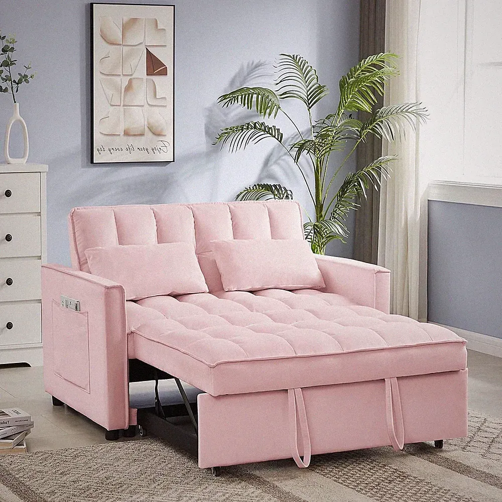 3-in-1 Convertible Sleeper Sofa Bed Modern Velvet Loveseat Couch w/Pull Out Bed