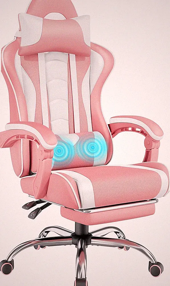 Ergonomic Pink/White Gaming Chair with Massage Support and Adjustable Footrest