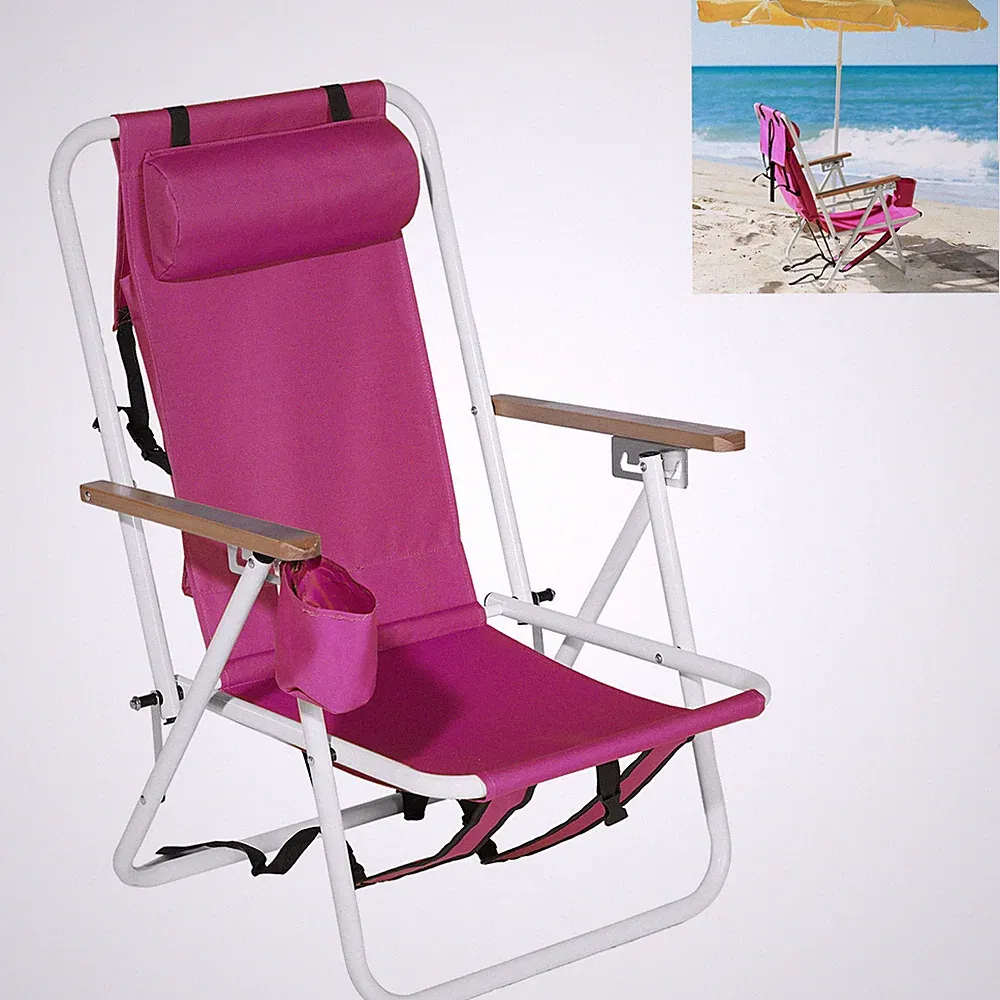 Folding Outdoor Pink Reclining Beach Chair Garden Backpack Lounge Pool Lounger