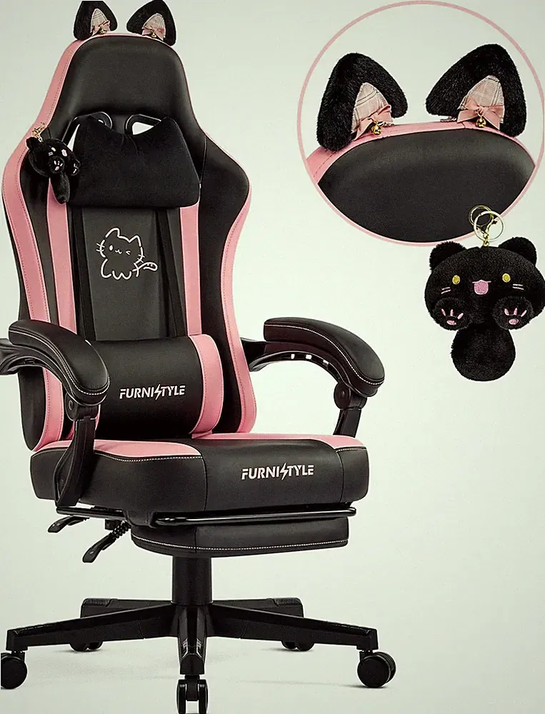 Gaming Chair with Footrest,Comfy Girly Video Game Chairs with Cat Ears Pocket..