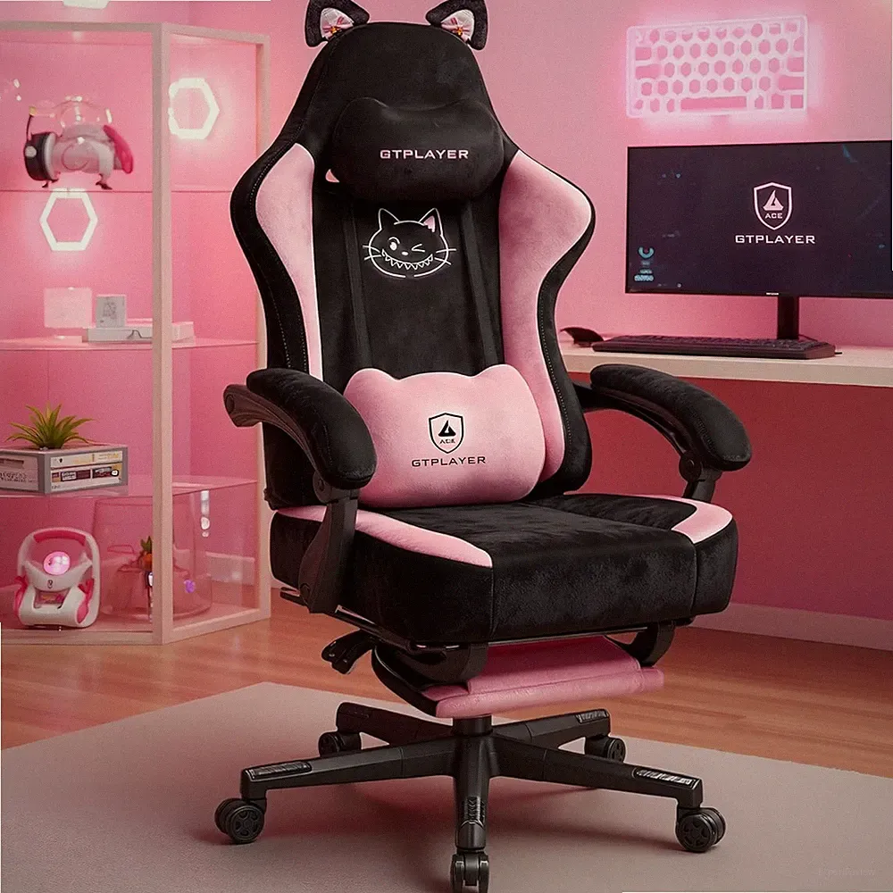 GTPLAYER Pink Gaming Chair Cat Ears Ergonomic Recliner Velvet Lumbar Support