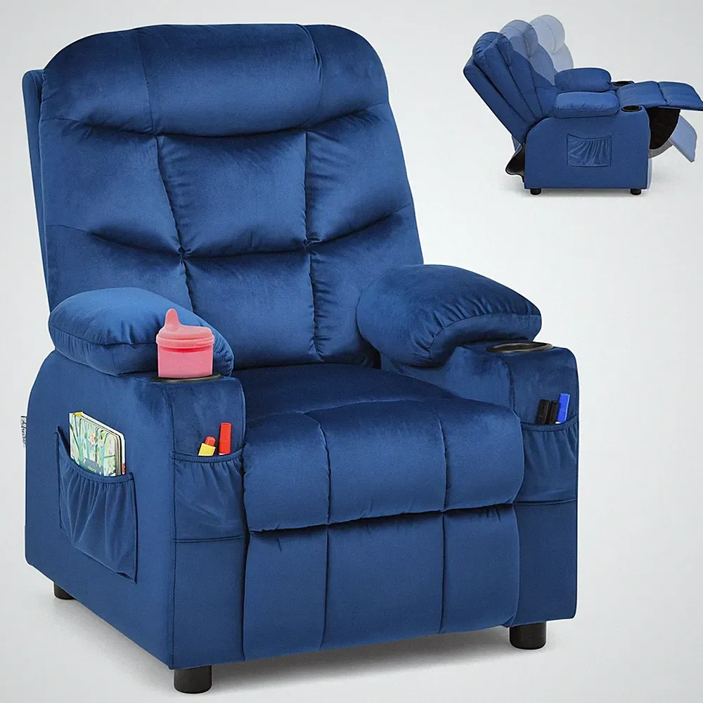 Kids Recliner Chair Velvet Pink w Cup Holder Storage Pocket 300lb Lounge