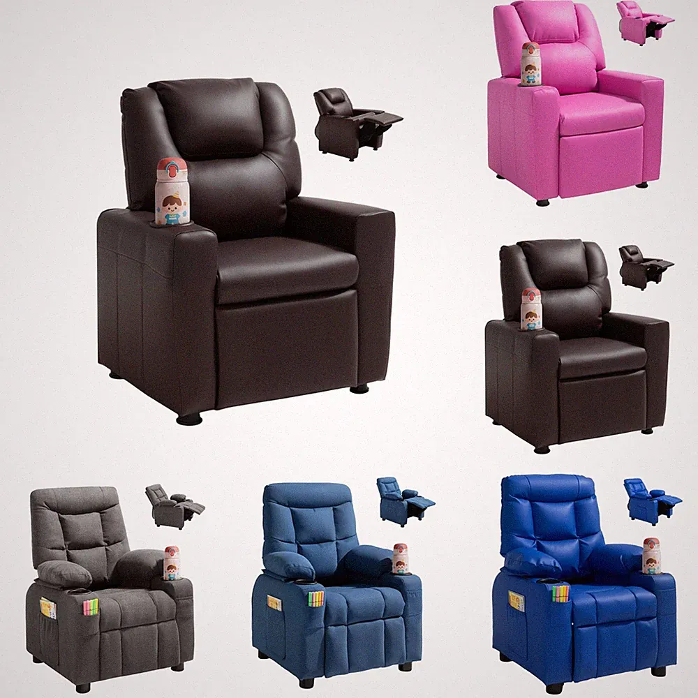 Kids Reclining Chair PU Leather Sofa Toddler Recliner with Cup Holder & Pocket