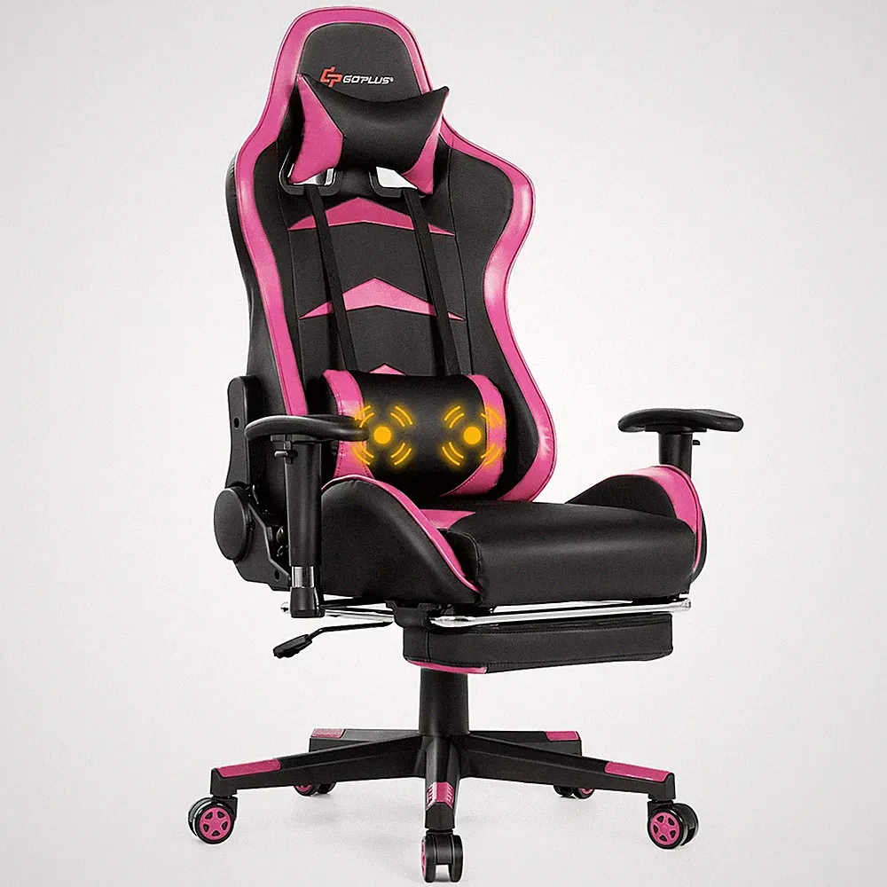 Massage Gaming Chair Reclining Racing Chair w/Lumbar Support Office Pink