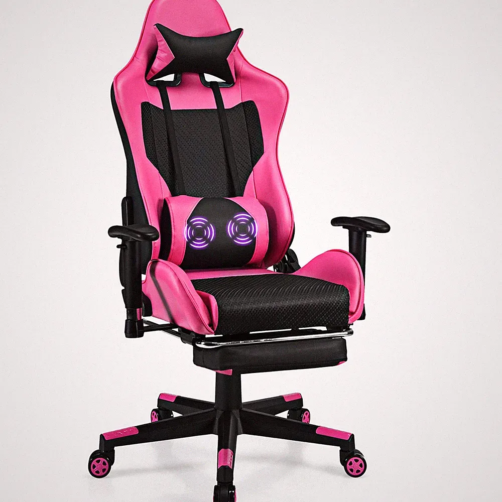 Massage Gaming Chair Reclining Racing Office Computer Chair with Footrest Pink