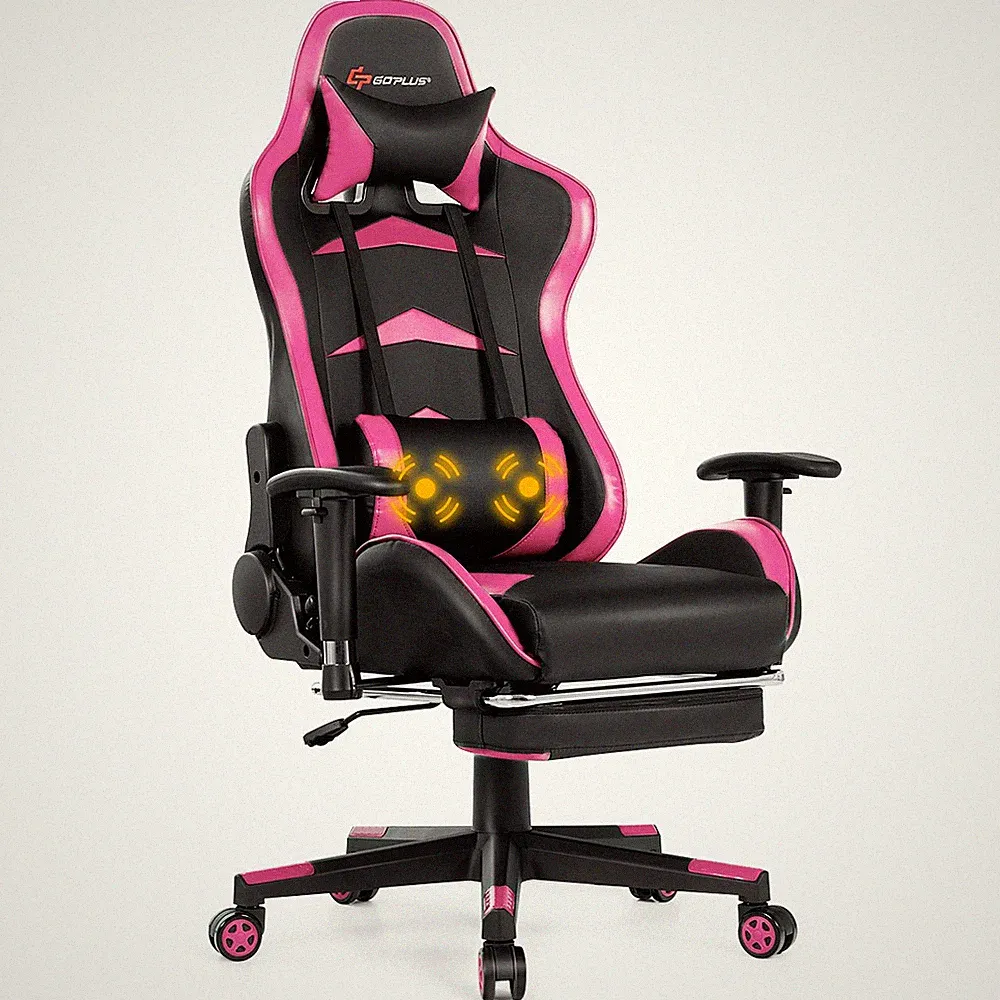 Massage Gaming Chair Reclining Swivel Racing Office Chair with Footrest Pink