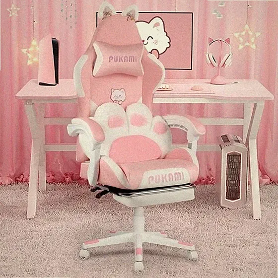 New Gaming Chair Pink Chair With Cat Paw Lumbar Cushion And Cat Ears For Girls
