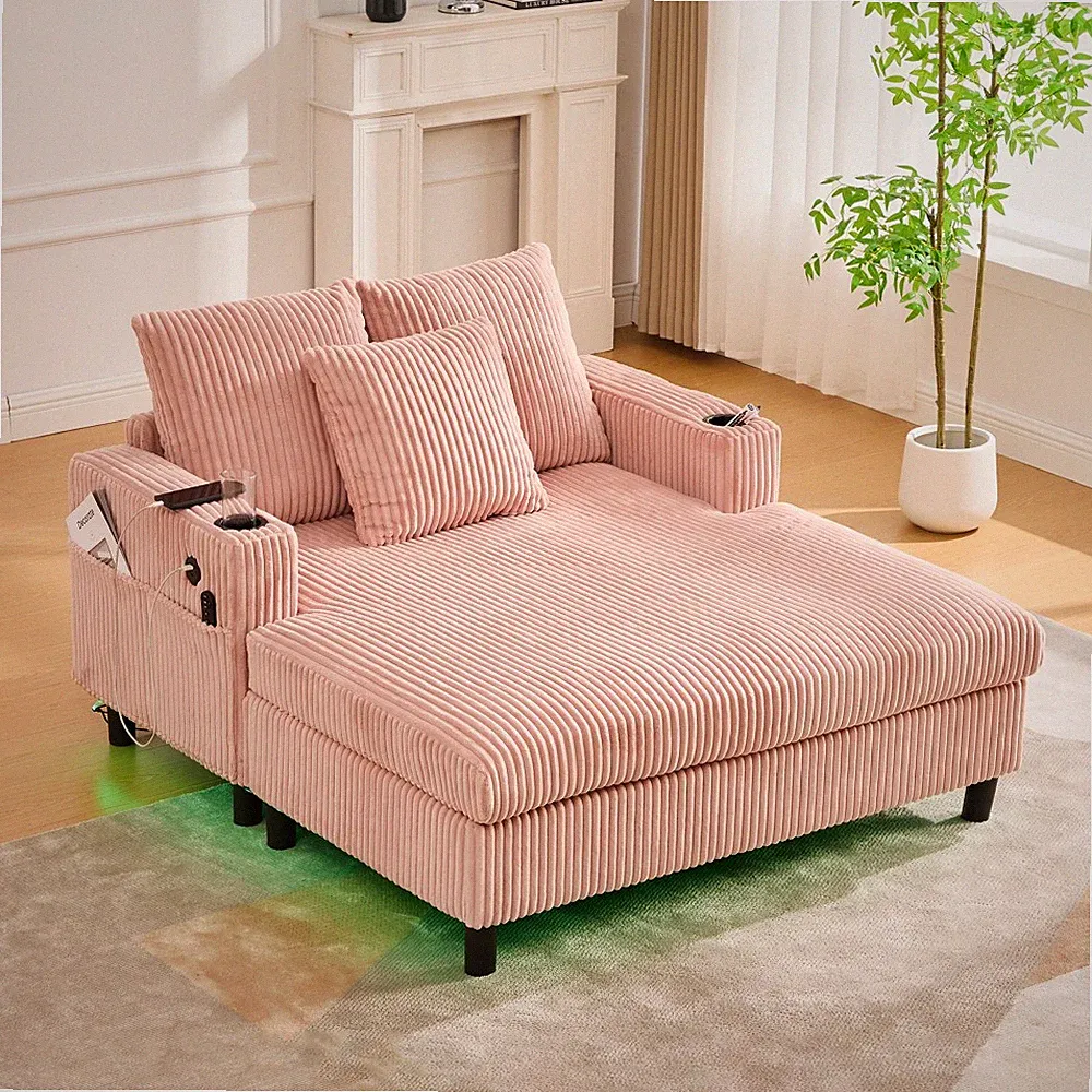 Oversized Corduroy Recliner Sofa w/ USB Charger， RGB Lights, Pillows - Pink
