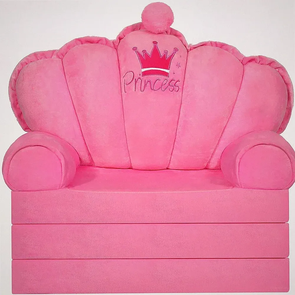 Pink Princess Toddler Couch 2-in-1 Foldable Sofa Bed & Chair for Kids 1-5