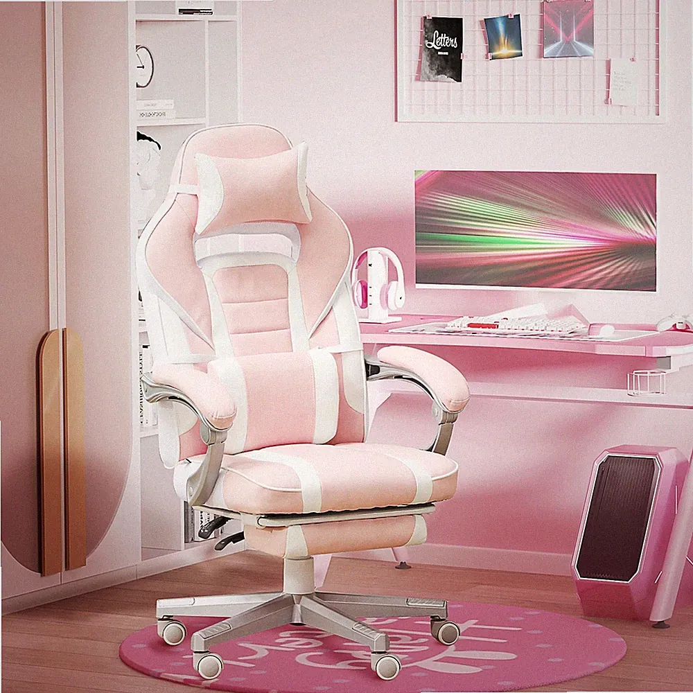 PU Leather Gaming Chair with Footrest, 150° Reclining Back and Lumbar Support