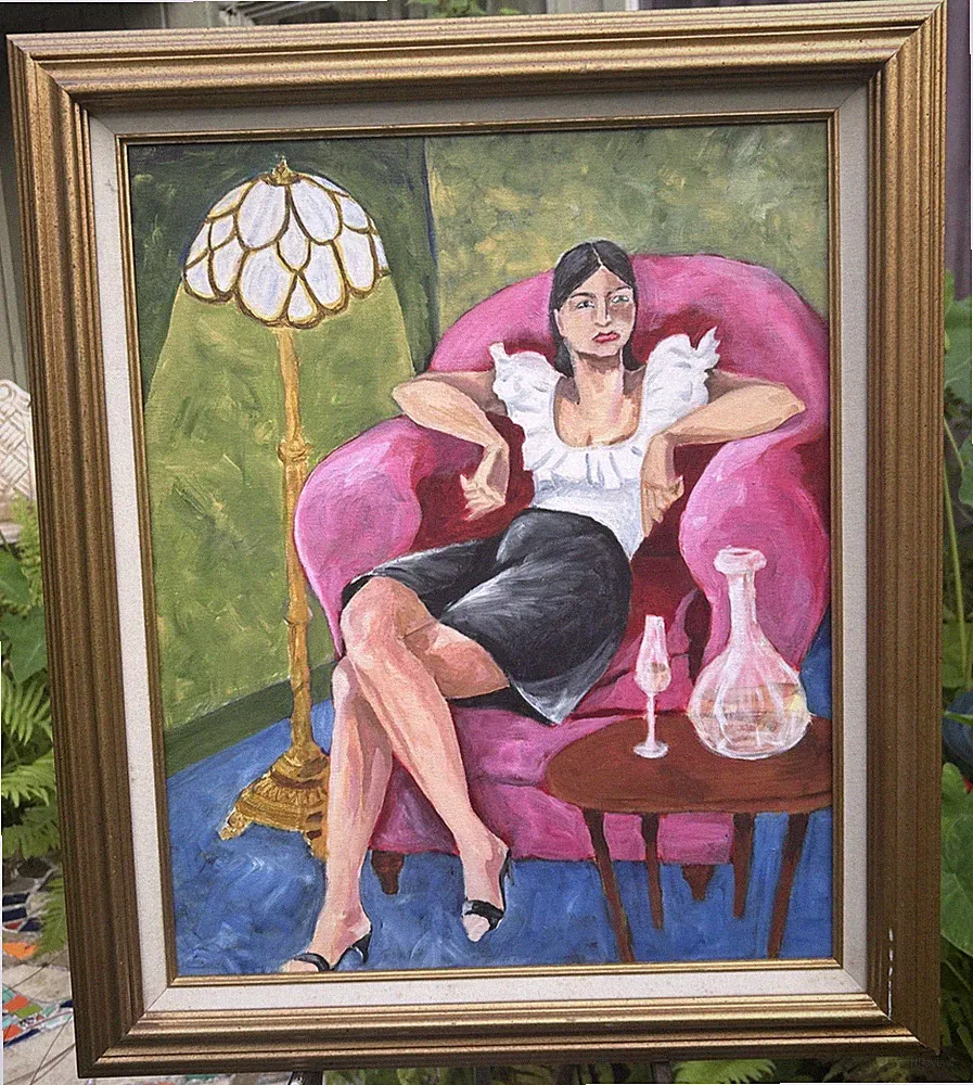 Reclining Woman in Pink Armchair, Fauvist Acrylic on Canvas, Framed, Unsigned