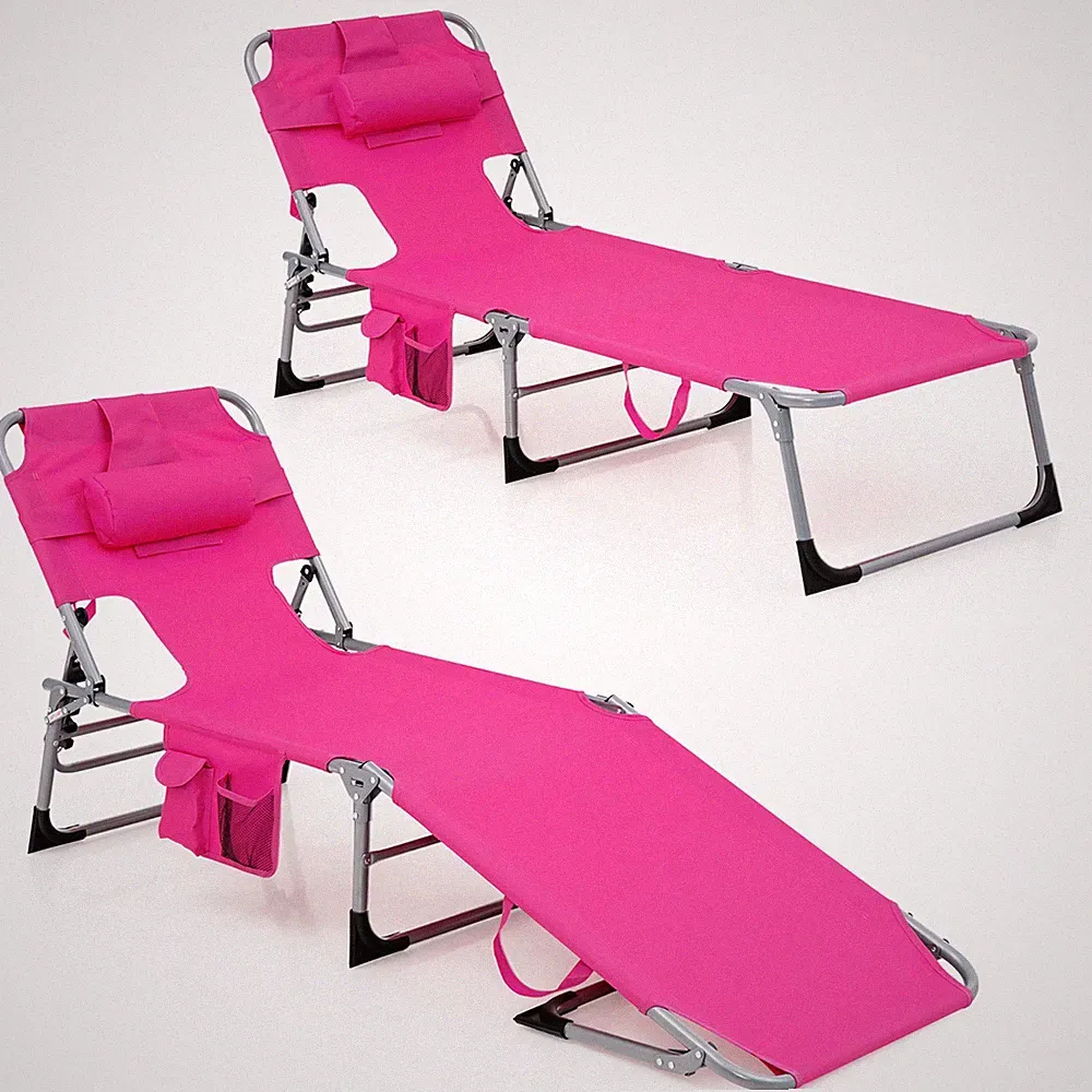 Set of 2 Beach Chaise Lounge Chair Folding Reclining Chair w/ Facing Hole Pink
