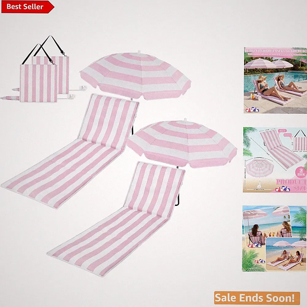 Set of Two Beach Chairs with Umbrellas for Outdoor Relaxation Lightweight Fol...