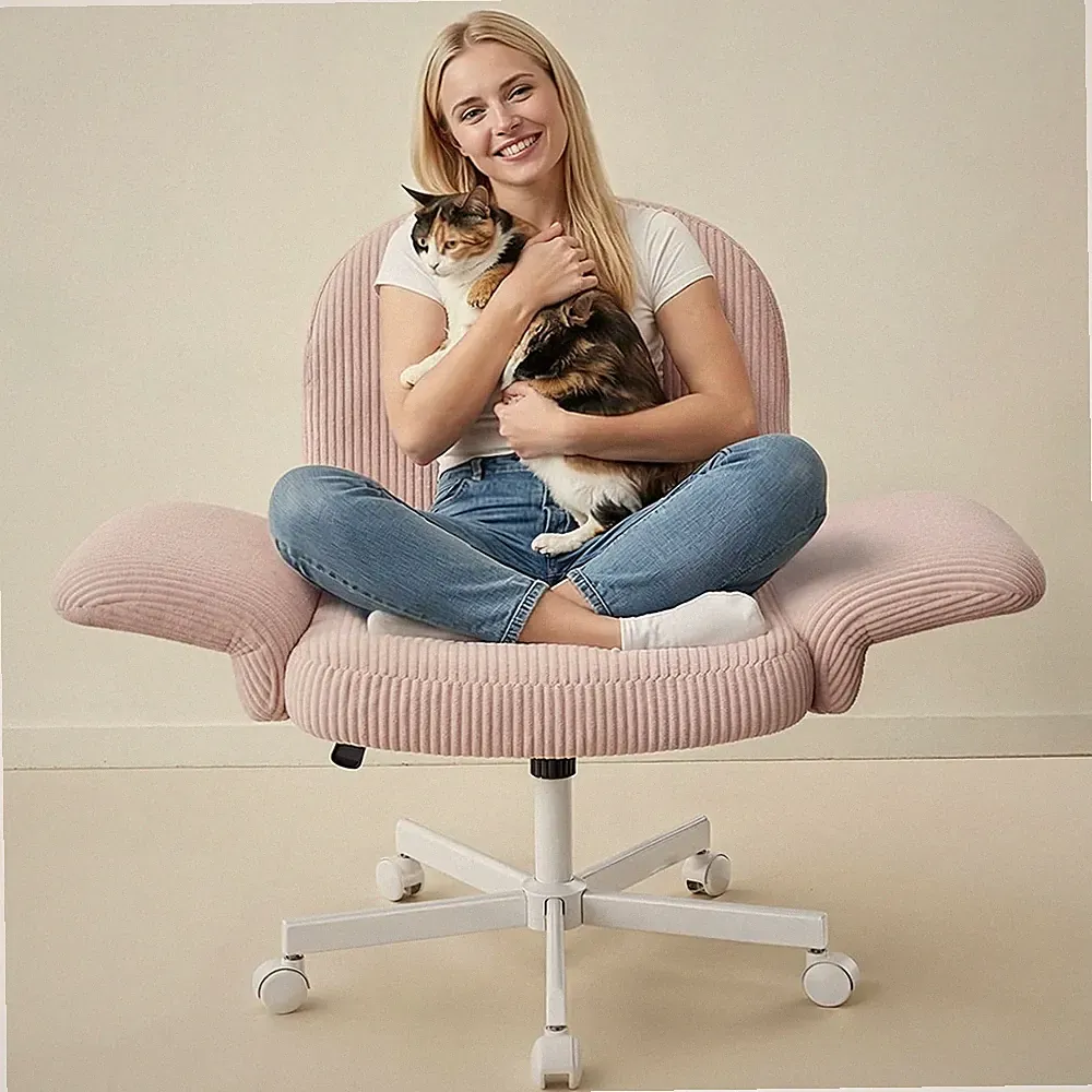 Stylish Pink Criss Cross Office Chair with Adjustable Armrests for Small Spaces