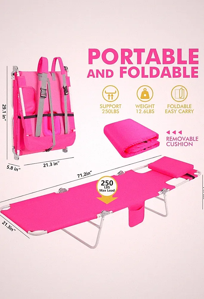 Tanning Chair, Folding Beach Lounge Chair with Face Hole Mattress 2Pack Pink