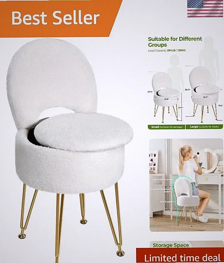 Vanity Stool with Storage Modern Furry Ottoman Folding Back Seat for Bedroom