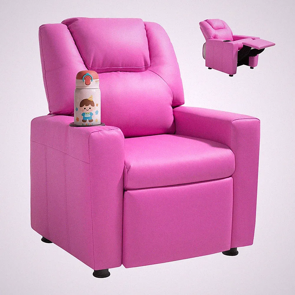 VEVOR Kids Reclining Chair PU Leather Toddler Recliner with Cup Holder (Pink)