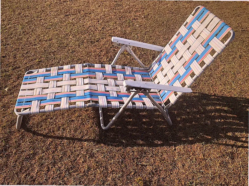 Vintage Aluminum Webbed Folding Beach Lawn Chair Reclining Pink Blue Retro Boho
